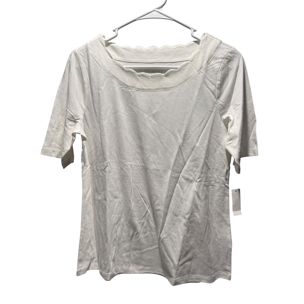 Talbots Petite White Pima Cotton Scalloped Neck Short Sleeve Top PM New